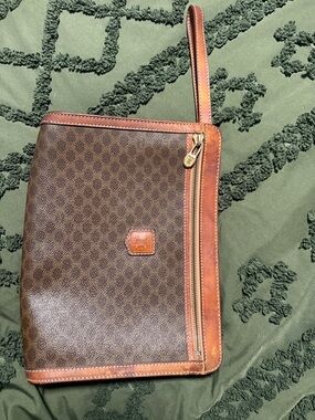 Celine Brown Patterned Leather Wristlet Pouch with Tan Trim